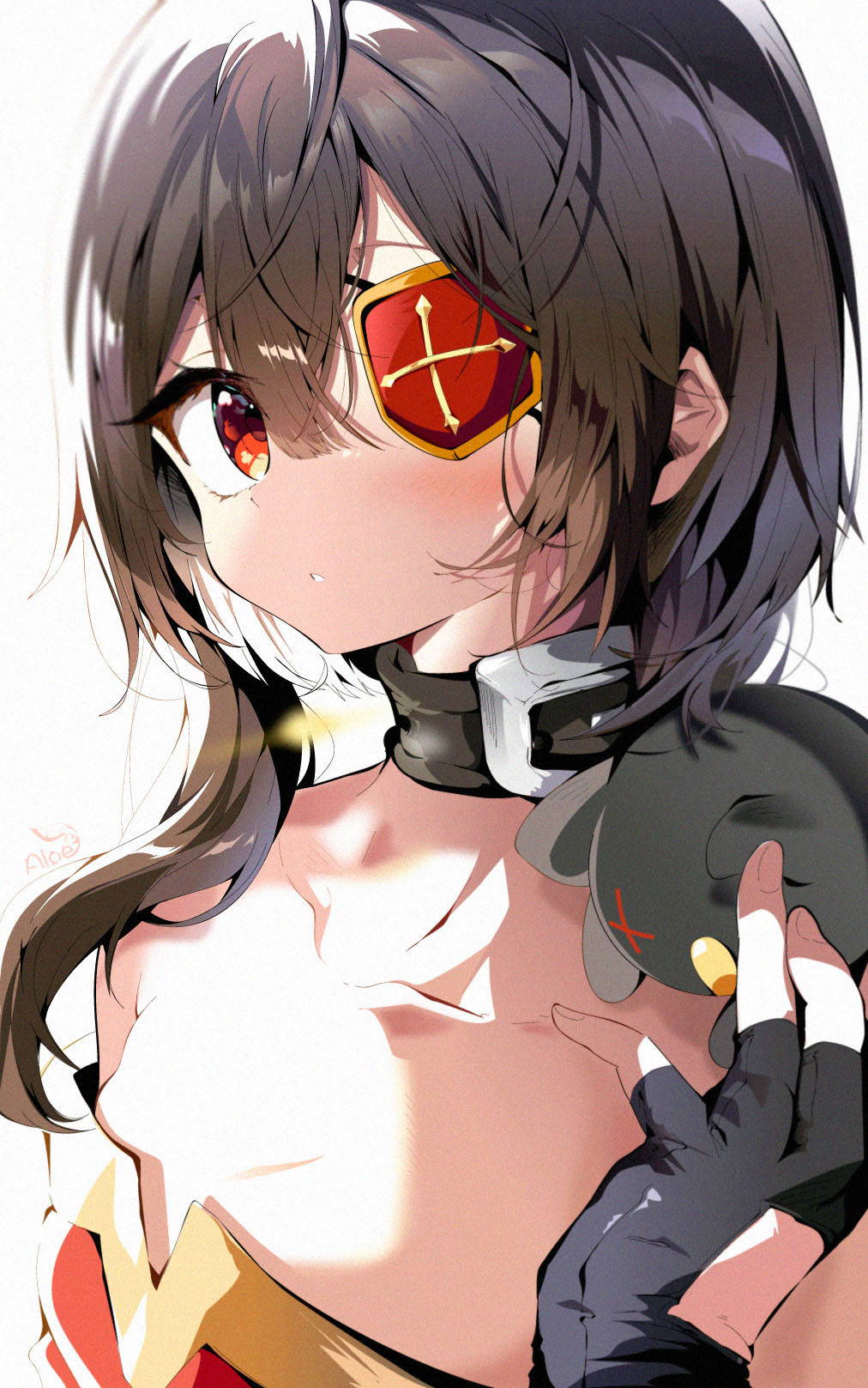 1girl aloe_(kenkou3733) bangs black_gloves breasts brown_hair chomusuke collar collarbone eyepatch fingerless_gloves gloves hair_between_eyes hand_up highres kono_subarashii_sekai_ni_shukufuku_wo! long_hair looking_at_viewer megumin off-shoulder_shirt off_shoulder parted_lips shirt sidelocks small_breasts solo upper_body