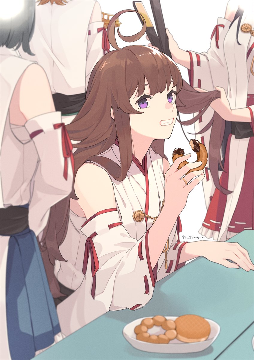 4girls ahoge bangs breasts brown_hair commentary_request detached_sleeves doughnut food grin hair_straightener haruna_(kancolle) hiei_(kancolle) highres holding holding_food holding_hair ichiroku_(sakumogu-029) japanese_clothes jewelry kantai_collection kirishima_(kancolle) kongou_(kancolle) long_hair multiple_girls nontraditional_miko ribbon-trimmed_sleeves ribbon_trim ring signature simple_background sitting smile solo_focus table violet_eyes white_background