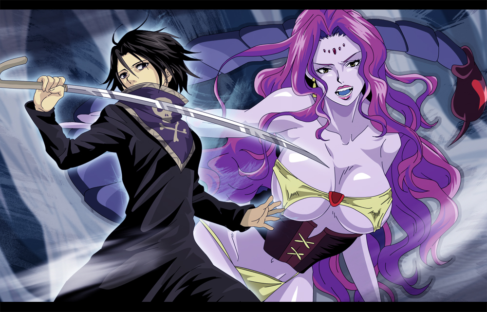 1boy 1girl arthropod_girl battle bikini black_hair chimera_ant colored_skin commentary_request corset covered_nipples dynamic_pose earrings feitan heart hunter_x_hunter jewelry lazool0701 lipstick long_hair looking_at_viewer makeup monster_girl open_mouth purple_hair purple_skin revealing_clothes scarf scorpion_girl scorpion_tail short_hair skull_and_crossbones swimsuit sword tail very_long_hair weapon yellow_bikini zazan_(hunter_x_hunter)