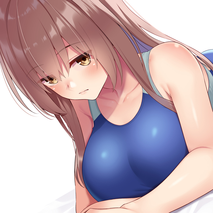 1girl blue_swimsuit breasts brown_hair crossed_arms eyebrows_visible_through_hair glaring huyumitsu jitome large_breasts long_hair lying on_stomach one-piece_swimsuit original solo swimsuit