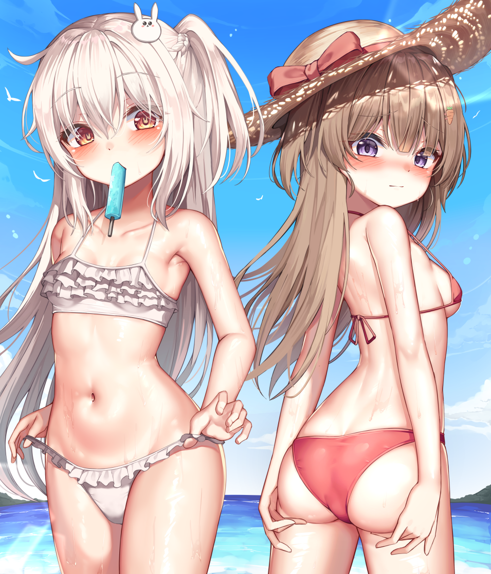 2girls ass back bare_arms bare_shoulders bikini blue_sky blush bow breasts brown_hair brown_headwear bunny-shaped_pupils bunny_hair_ornament closed_mouth collarbone commentary_request cowboy_shot day food food_in_mouth frilled_bikini frills from_behind hair_ornament hat hat_bow long_hair mannack mouth_hold multiple_girls navel one_side_up original outdoors popsicle red_bikini red_bow red_eyes sky small_breasts stomach straw_hat sun_hat swimsuit very_long_hair violet_eyes white_bikini white_hair