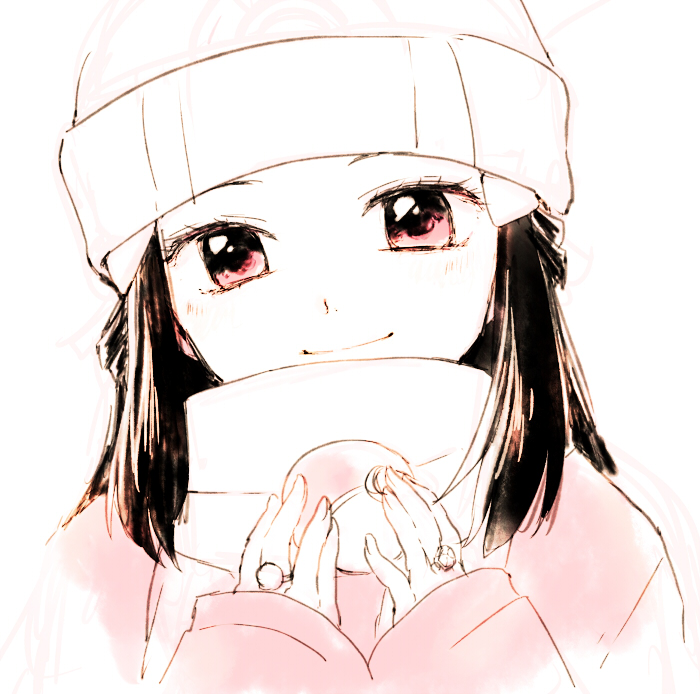 1girl beanie black_hair blush closed_mouth coat commentary_request eyelashes hair_ornament hairclip hands_up hat holding holding_poke_ball jewelry long_hair long_sleeves looking_at_viewer pink_eyes platinum_berlitz poke_ball poke_ball_(basic) pokemon pokemon_adventures ring scarf sleeves_past_wrists smile solo upper_body yui_ko