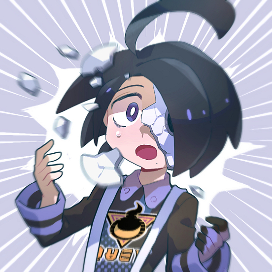 1boy :o ahoge allister_(pokemon) black_hair blurry bright_pupils chiimako collared_shirt commentary_request crack cracked_mask emphasis_lines gloves hands_up long_sleeves looking_at_viewer male_focus mask mole mole_under_mouth open_mouth pokemon pokemon_(game) pokemon_swsh shirt short_hair single_glove solo suspenders tongue upper_body violet_eyes white_pupils