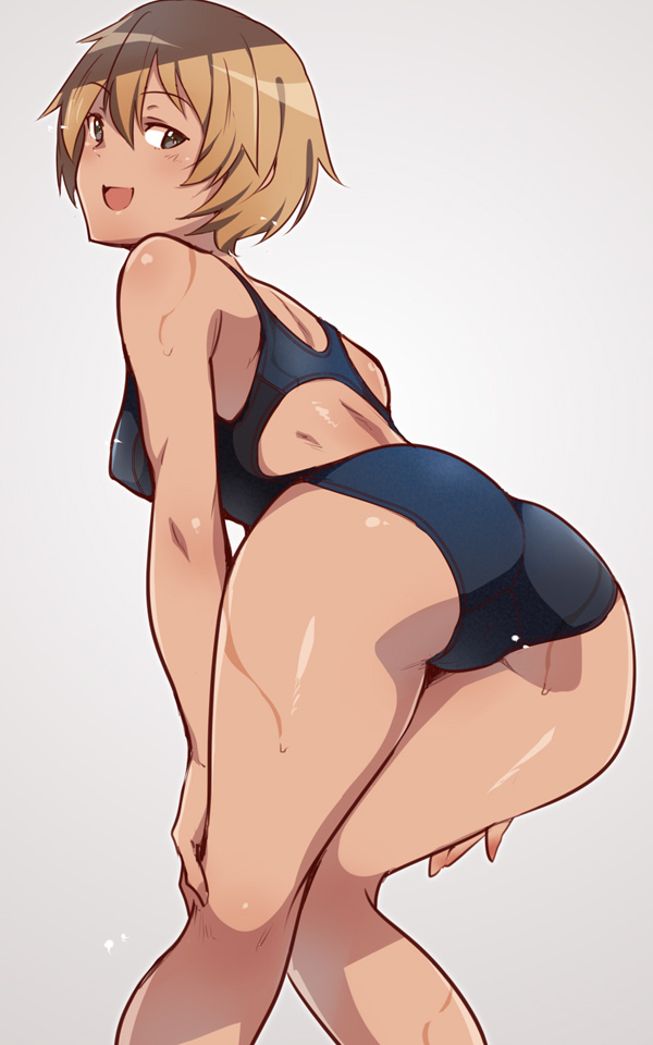 1girl ass bangs black_swimsuit blonde_hair brown_eyes character_request competition_swimsuit em_(totsuzen_no_hakike) eyebrows_visible_through_hair from_behind hair_between_eyes hands_on_own_legs kneepits leaning_forward looking_at_viewer looking_back one-piece_swimsuit open_mouth short_hair simple_background smile solo standing swimsuit wet white_background world_witches_series