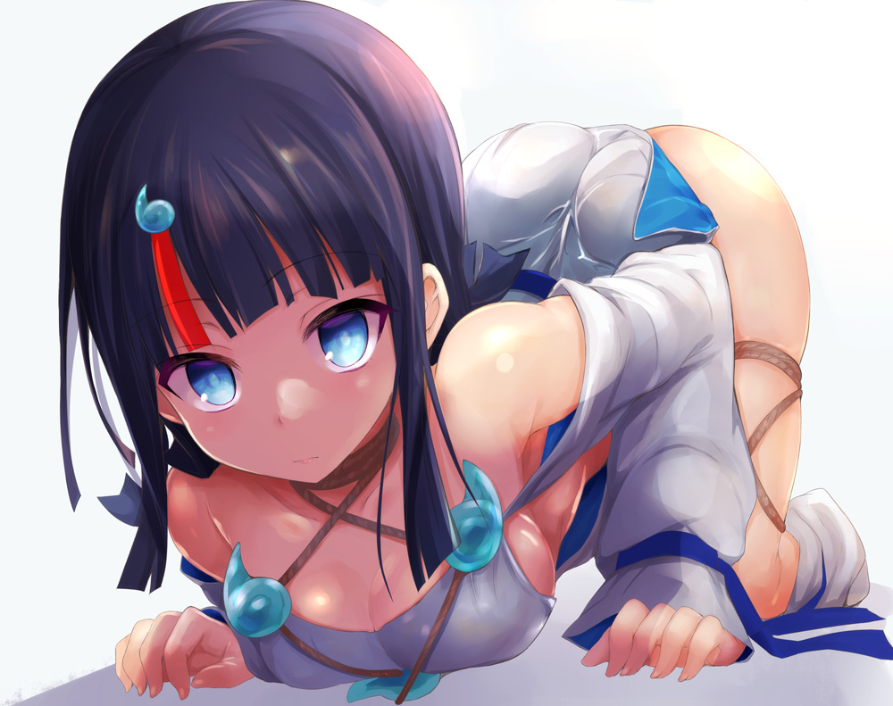 1girl all_fours ass bangs bare_shoulders black_hair blue_eyes blue_ribbon blush breasts collarbone detached_leggings dress fate/grand_order fate/requiem fate_(series) jewelry large_breasts long_sleeves looking_at_viewer magatama magatama_hair_ornament magatama_necklace medium_hair multicolored_hair necklace pelvic_curtain pink_hair puffy_long_sleeves puffy_sleeves ribbon sen_(astronomy) short_dress sideboob sideless_outfit solo streaked_hair thighs top-down_bottom-up utsumi_erise white_dress white_legwear