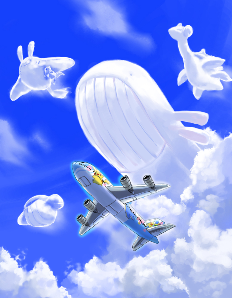 aircraft airplane character_print clouds commentary_request d-nezumi day from_below lapras mantine no_humans outdoors pikachu pokemon remoraid sky turbine wailmer wailord