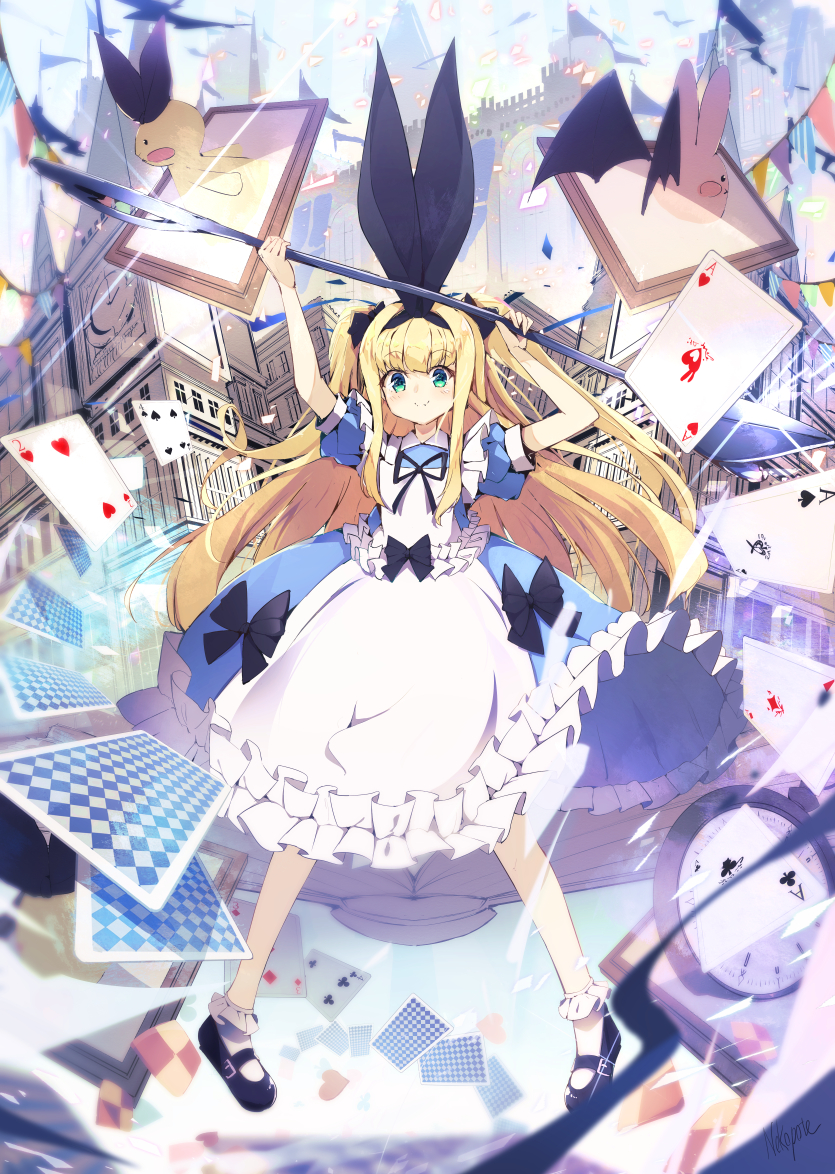 1girl ace_of_clubs ace_of_diamonds ace_of_hearts ace_of_spades alternate_hairstyle apron black_bow black_footwear blonde_hair blue_dress bow card checkerboard_cookie clock cookie dress elizabeth_tower eyebrows_visible_through_hair food four_of_clubs four_of_spades frilled_apron frilled_legwear frills full_body green_eyes hair_ribbon long_hair looking_at_viewer mononobe_alice nekopote nijisanji playing_card rabbit ribbon short_sleeves signature smile three_of_diamonds two_of_hearts two_side_up very_long_hair virtual_youtuber white_apron
