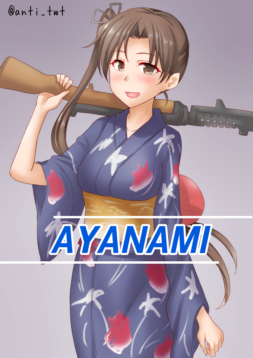 1girl anti_(untea9) ayanami_(kancolle) blue_background blue_kimono brown_eyes brown_hair character_name floral_print gradient gradient_background gun highres holding holding_weapon japanese_clothes kantai_collection kimono long_hair looking_at_viewer official_alternate_costume rifle shotgun side_ponytail solo twitter_username weapon yukata