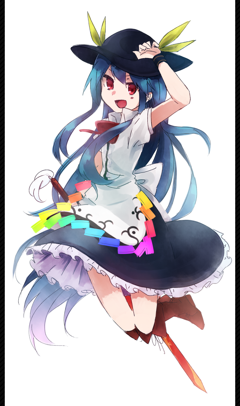 1girl :d back_bow bangs black_headwear black_skirt black_wristband blue_hair blush boots bow bowtie brown_footwear hat hat_leaf highres hinanawi_tenshi long_hair looking_at_viewer open_mouth puffy_short_sleeves puffy_sleeves rainbow_order red_bow red_eyes red_neckwear shirt short_sleeves sidelocks skirt smile solo suehachi_(hikage) sword_of_hisou touhou very_long_hair white_bow white_shirt