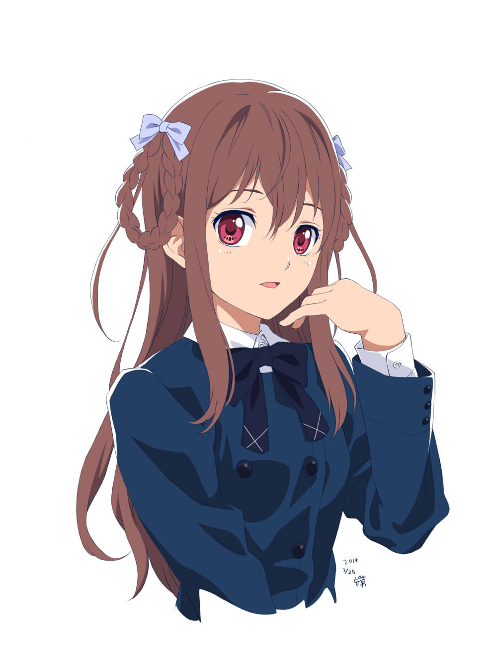 1girl 2019 22/7 blue_bow blue_hair blue_jacket bow braid brown_hair dated hair_ornament hair_rings highres jacket long_hair looking_at_viewer neck_ribbon open_mouth pizza_man ribbon school_uniform shirt simple_background smile solo tachikawa_ayaka upper_body violet_eyes white_background