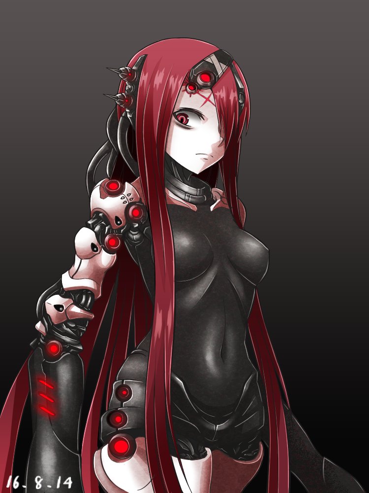 1girl android arm_cannon blame! breasts hair_over_one_eye halulu joints long_hair looking_at_viewer maeve_(blame!) medium_breasts navel red_eyes redhead robot_joints simple_background solo standing weapon