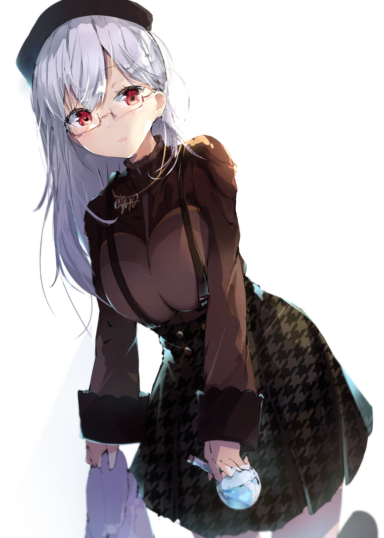 1girl beret breasts flask glasses hakase_fuyuki hat large_breasts leaning_forward long_hair long_sleeves looking_at_viewer nekopote nijisanji parted_lips red_eyes round-bottom_flask silver_hair simple_background skirt solo suspender_skirt suspenders virtual_youtuber white_background