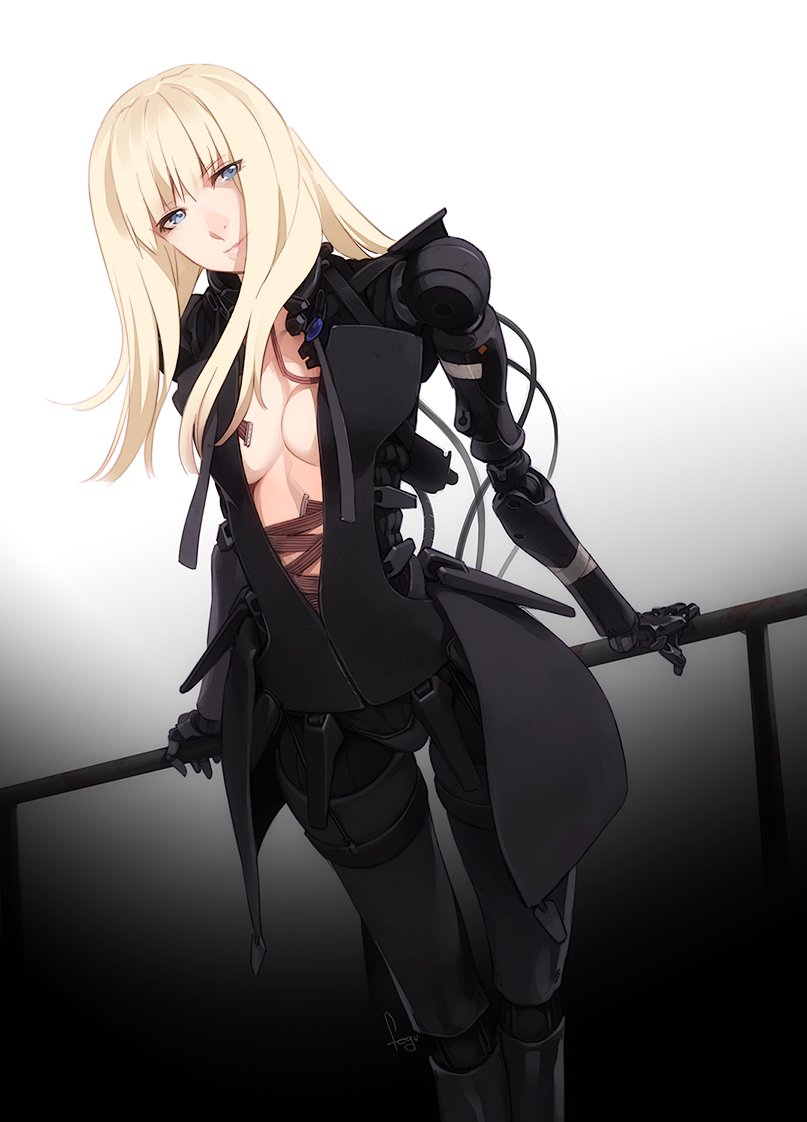 1girl blame! blonde_hair blue_eyes bodysuit breasts cibo closed_mouth cyberpunk cyborg feguimel gloves joints long_hair looking_at_viewer mechanical_arms robot_joints smile solo