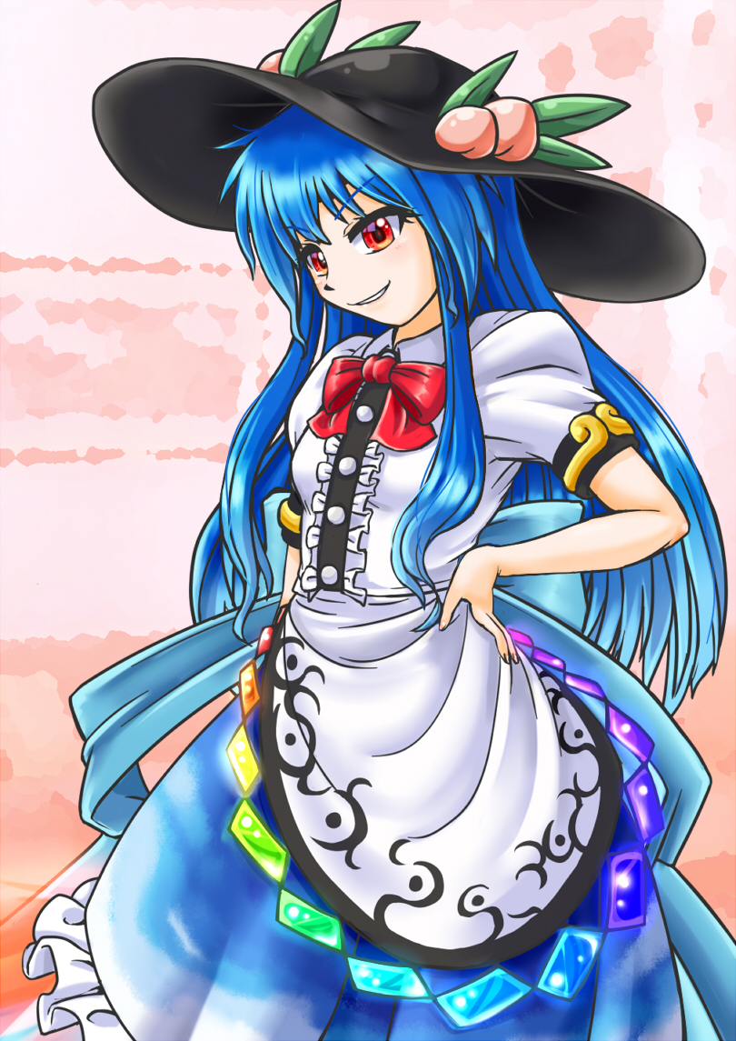 1girl black_headwear blue_hair blue_skirt commentary_request covered_navel cowboy_shot food fruit hand_on_hip hat hinanawi_tenshi holding holding_weapon keystone long_hair looking_at_viewer mail_(mail_gell) peach puffy_short_sleeves puffy_sleeves rainbow_order red_eyes shirt shoes short_sleeves skirt solo standing sword sword_of_hisou touhou weapon white_shirt
