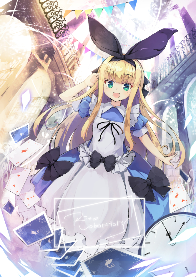 1girl :3 :d ace_of_hearts apron black_bow blonde_hair blue_dress bow card clock dress eyebrows_visible_through_hair five_of_hearts frilled_apron frills green_eyes hair_ribbon long_hair mononobe_alice nekopote nijisanji open_mouth playing_card ribbon short_sleeves smile solo three_of_hearts two_of_hearts very_long_hair virtual_youtuber white_apron
