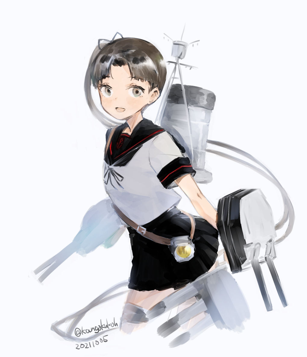 1girl adapted_turret ayanami_(kancolle) black_sailor_collar black_skirt brown_eyes brown_hair cannon commentary_request cropped_legs kangoku_kou kantai_collection long_hair looking_at_viewer machinery one-hour_drawing_challenge pleated_skirt remodel_(kantai_collection) sailor_collar school_uniform serafuku side_ponytail simple_background skirt solo torpedo_launcher turret white_background