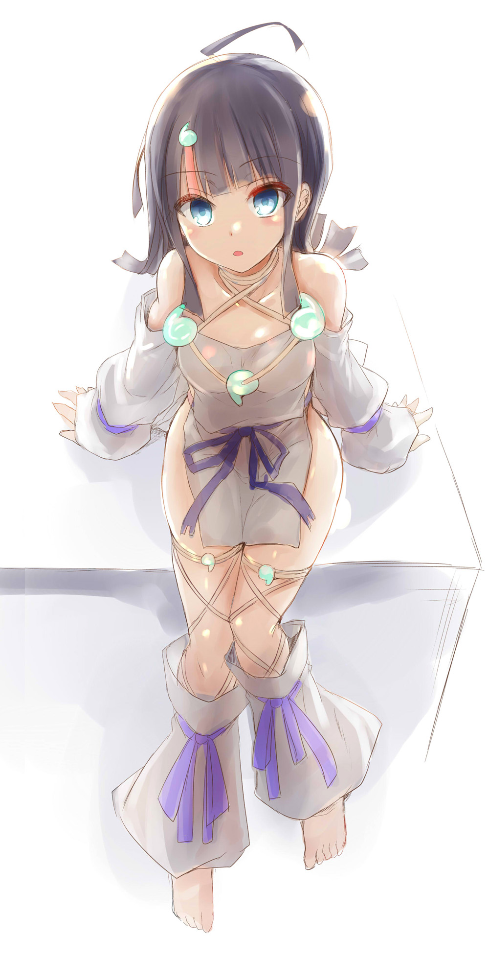 1girl bangs bare_shoulders barefoot black_hair blue_eyes blue_ribbon blush breasts collarbone detached_leggings dress fate/grand_order fate/requiem fate_(series) fundoshi highres japanese_clothes jewelry large_breasts legs long_sleeves looking_at_viewer magatama magatama_hair_ornament magatama_necklace medium_hair multicolored_hair necklace open_mouth pelvic_curtain pink_hair puffy_long_sleeves puffy_sleeves ribbon sen_(astronomy) short_dress sideboob sideless_outfit sitting streaked_hair utsumi_erise white_dress white_legwear