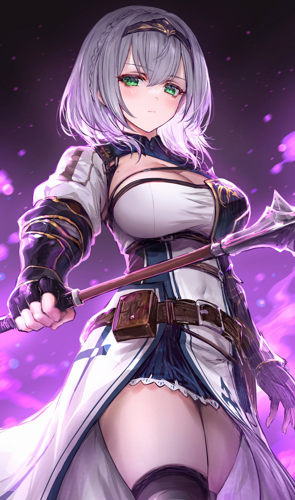 1girl black_gloves black_legwear breasts covered_navel fingerless_gloves gauntlets gloves green_eyes haoni headpiece highres holding holding_weapon hololive large_breasts looking_at_viewer mole mole_on_breast shirogane_noel short_hair silver_hair solo thigh-highs thighs virtual_youtuber weapon