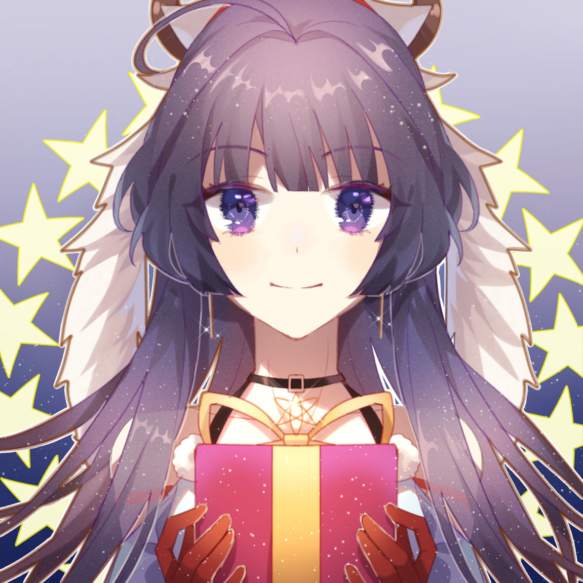 1girl bangs christmas close-up closed_mouth earrings gift gloves hair_between_eyes holding holding_gift honkai_(series) honkai_impact_3rd idass_(idass16) jewelry long_hair looking_at_viewer portrait purple_hair raiden_mei red_gloves smile solo star_(symbol) violet_eyes