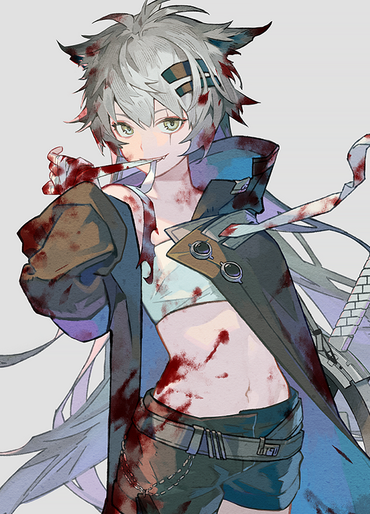 1girl animal_ears arknights bandaged_hand bandages belt black_coat black_shorts blood blood_in_hair blood_on_clothes blood_on_face blood_on_hands coat cowboy_shot green_eyes lappland_(arknights) long_hair long_sleeves looking_at_viewer messy_hair navel open_clothes open_coat parted_lips qiqu scar scar_across_eye sheath sheathed shorts silver_hair simple_background smile solo stomach strapless sword tube_top very_long_hair weapon white_background wolf_ears