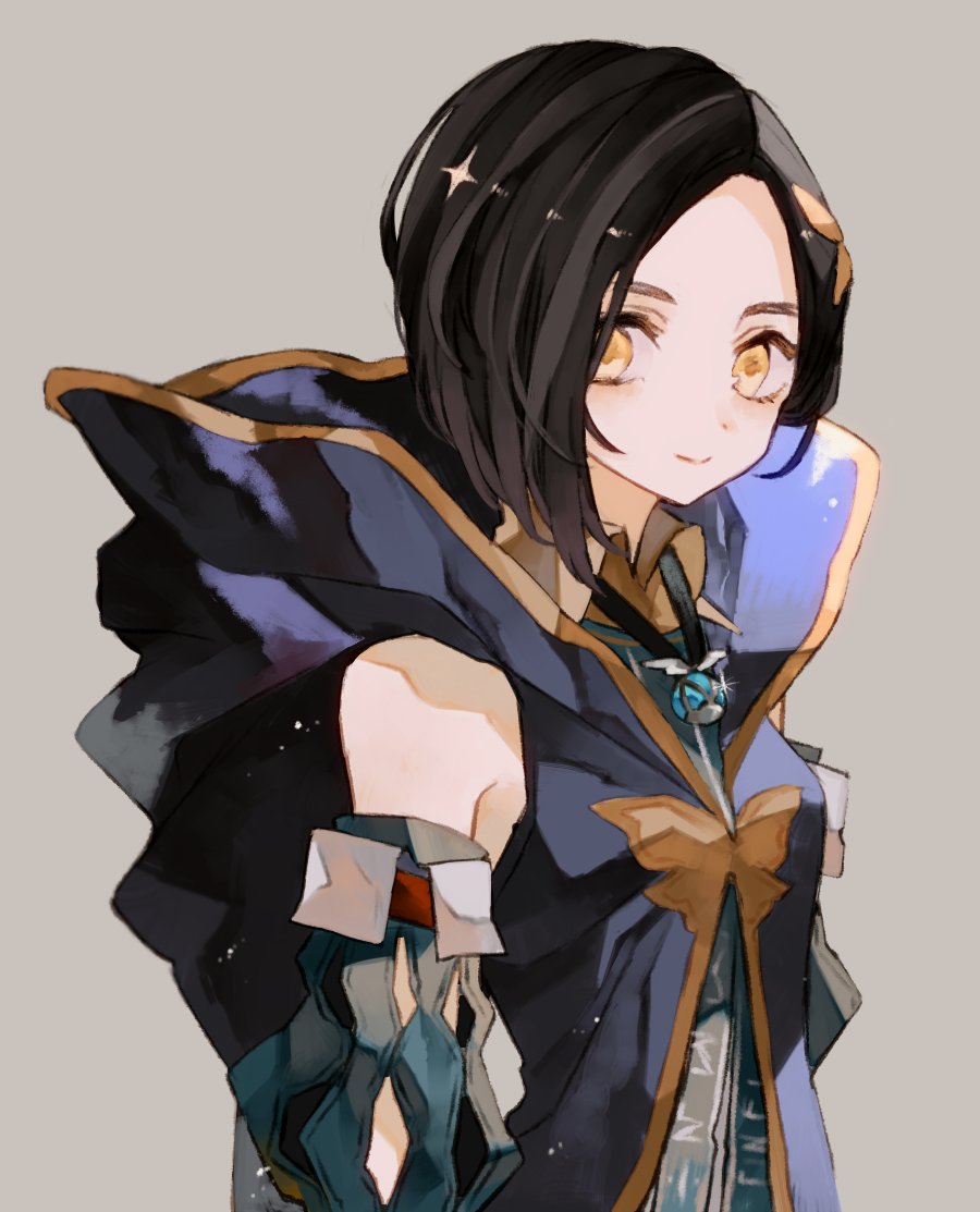 1girl bangs black_hair blue_coat closed_mouth coat collared_dress detached_sleeves hood hood_down hooded_coat ornament parted_bangs rinwell_(tales) short_hair simple_background sleeveless_coat solo tales_of_(series) tales_of_arise toskogahazan upper_body yellow_eyes