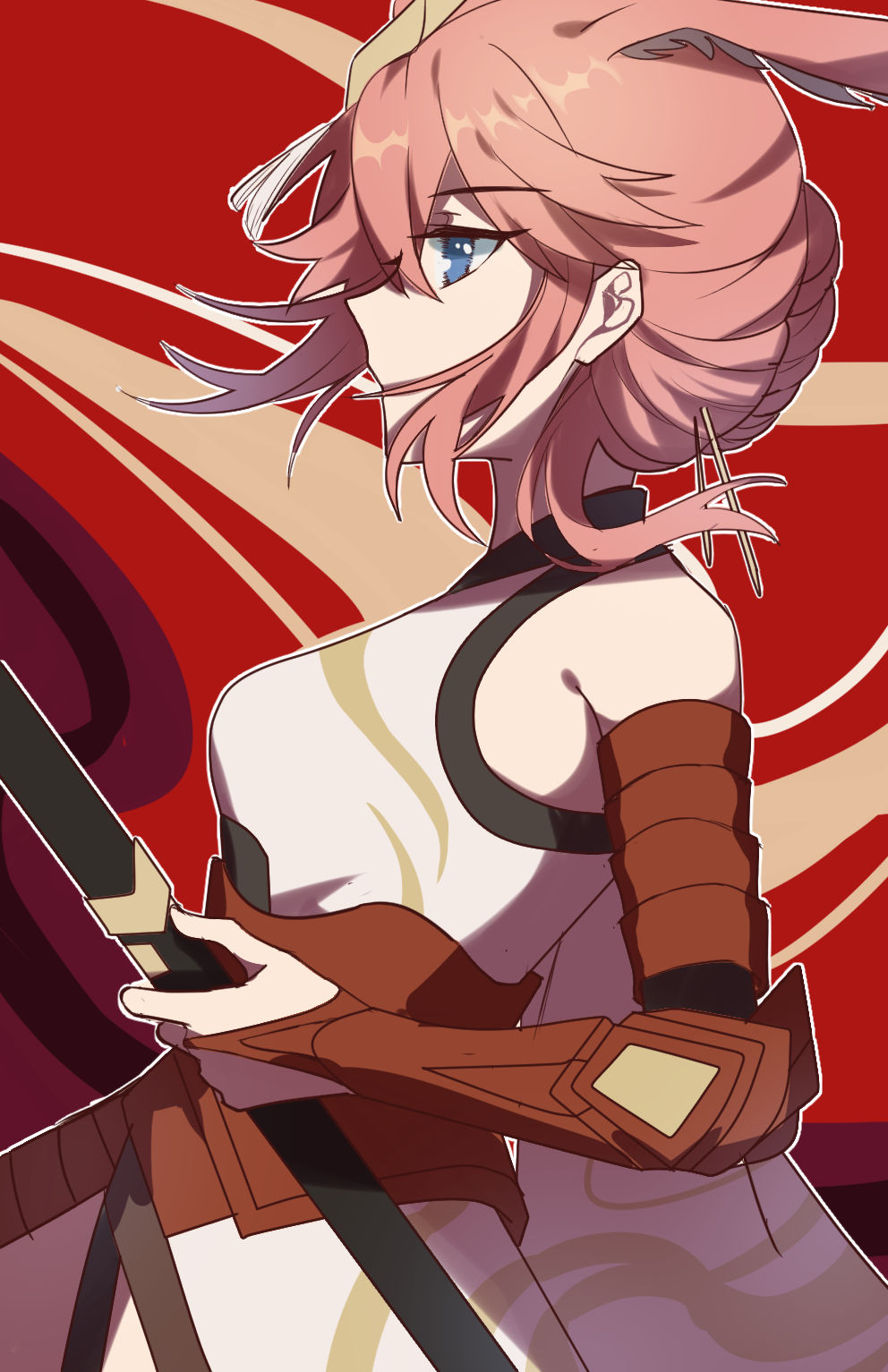 1girl animal_ears armor bangs bare_shoulders blue_eyes fox_ears gauntlets hair_ornament highres holding holding_sword holding_weapon honkai_(series) honkai_impact_3rd idass_(idass16) japanese_armor japanese_clothes katana looking_to_the_side pink_hair red_background sheath sheathed sleeveless solo sword weapon yae_sakura yae_sakura_(flame_sakitama)