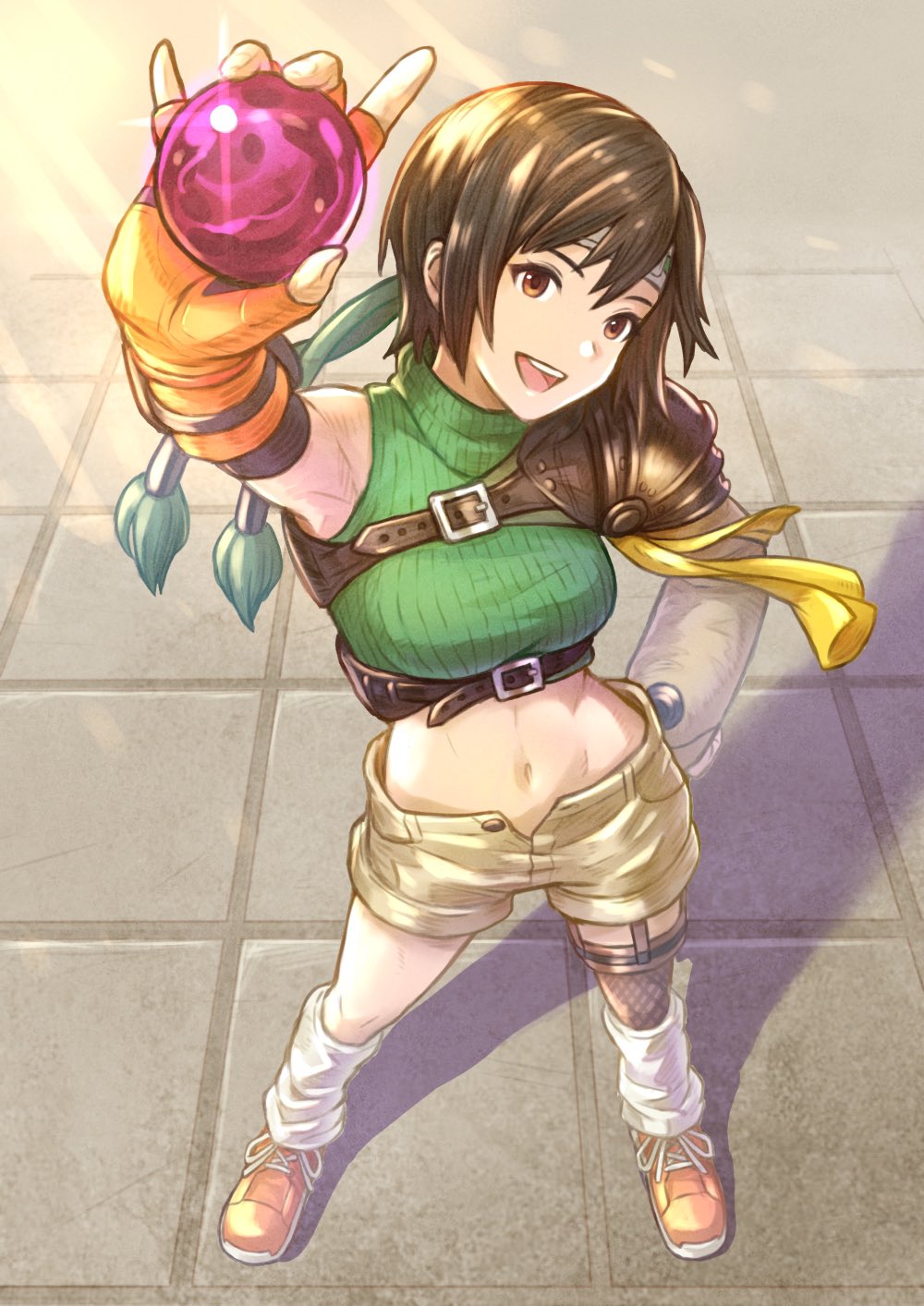 1girl brown_eyes brown_hair buckle crop_top cropped_sweater detached_sleeves female final_fantasy final_fantasy_vii fishnet_legwear fishnets full_body green_sweater headband highres hiro_ohtaki holding leg_warmers looking_at_viewer materia medium_breasts midriff open_fly open_mouth orange_gloves short_hair short_shorts shorts single_thighhigh sleeveless sleeveless_sweater sleeveless_turtleneck smile solo standing thigh-highs turtleneck turtleneck_sweater yuffie_kisaragi