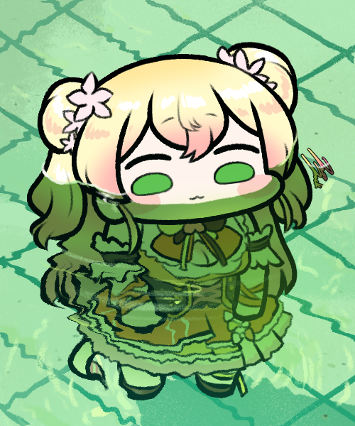 1girl :3 blonde_hair blush_stickers chibi commentary double_bun dress full_body green_eyes hololive jazz_jack long_hair momosuzu_nene moon orange_dress parody partially_submerged photo-referenced ripples signature solid_circle_eyes solo virtual_youtuber water