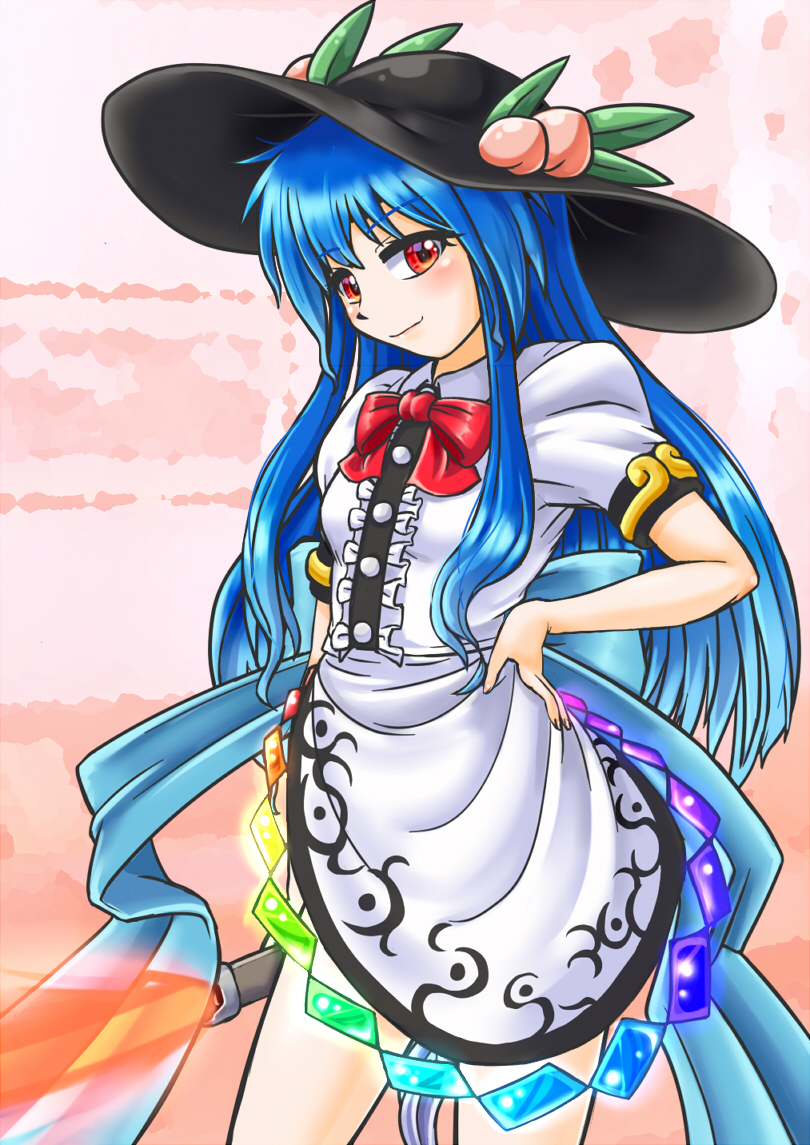 1girl black_headwear blue_hair commentary_request covered_navel cowboy_shot food fruit hand_on_hip hat hinanawi_tenshi holding holding_weapon keystone long_hair looking_at_viewer mail_(mail_gell) peach puffy_short_sleeves puffy_sleeves rainbow_order red_eyes shirt shoes short_sleeves skirt solo standing sword sword_of_hisou touhou weapon white_shirt white_skirt