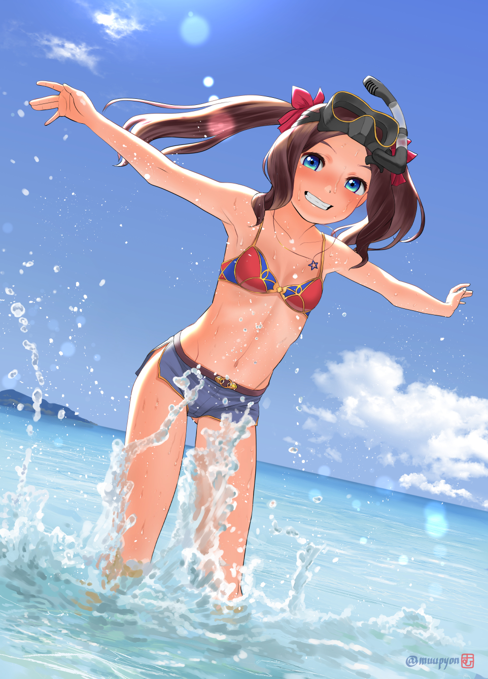 1girl bangs bikini blue_eyes blue_shorts blue_sky breasts brown_hair clouds commentary_request day diving_mask dutch_angle fate/grand_order fate_(series) forehead goggles grin highres horizon leonardo_da_vinci_(fate) long_hair looking_at_viewer mismatched_bikini mu-pyon ocean outdoors parted_bangs red_bikini short_shorts shorts sky small_breasts smile snorkel soaking_feet solo splashing swimsuit