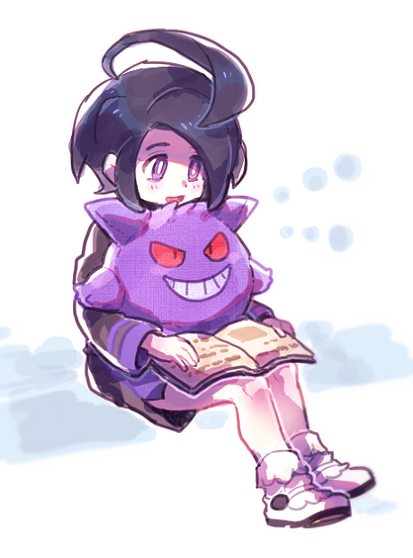 1boy ahoge allister_(pokemon) bangs black_hair blush book bright_pupils character_doll chiimako commentary_request gengar happy holding holding_book knees legs_together long_sleeves looking_down male_focus open_mouth pokemon pokemon_(game) pokemon_swsh reading shirt shoes short_hair shorts sitting smile tongue violet_eyes white_footwear white_pupils