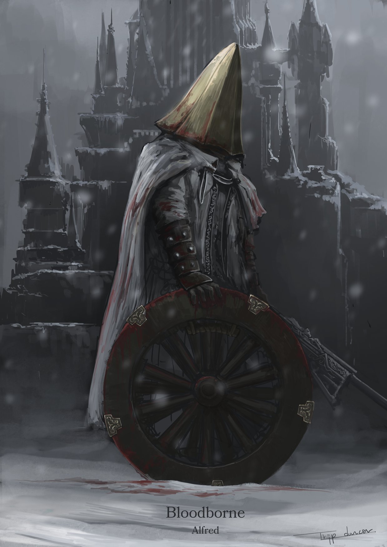 1boy alfred_(bloodborne) artist_name blood blood_on_clothes bloodborne cape castle cloak copyright_name full_body gloves gun helmet highres holding holding_weapon logarius_wheel male_focus snow solo standing tripdancer weapon