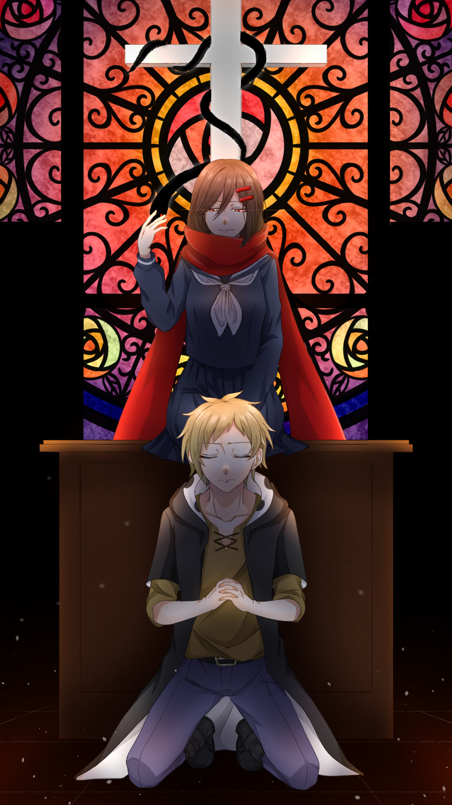 arm_up blonde_hair brown_hair church church_interior closed_eyes cross hair_ornament hairclip harunai highres kagerou_project kano_shuuya praying red_eyes red_scarf scarf school_uniform smile snake tateyama_ayano