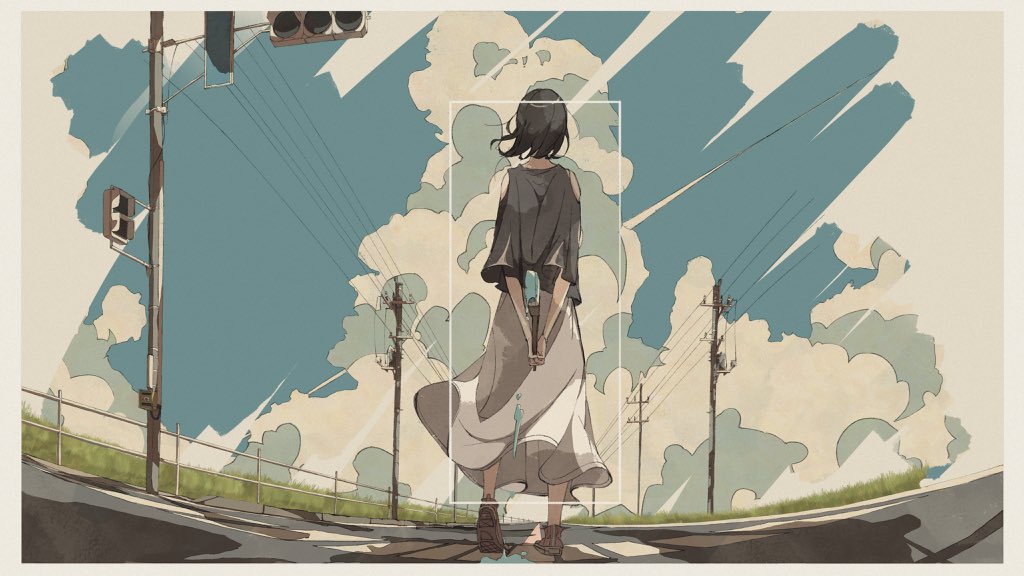 1girl arms_behind_back black_hair blouse blue_sky brown_footwear clothing_cutout clouds cloudy_sky commentary_request dripping fence from_behind full_body grass grey_blouse heel_up holding long_skirt medium_hair mono_(2_onom) original paint paint_splatter paintbrush power_lines road scenery shadow shoes shoulder_cutout skirt sky solo standing traffic_light utility_pole white_skirt