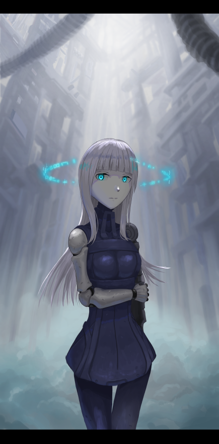 1girl bangs blame! blue_eyes blunt_bangs bodysuit breasts cibo closed_mouth cyborg joints long_hair looking_at_viewer mechanical_arms pale_skin robot_joints solo tunguu white_hair