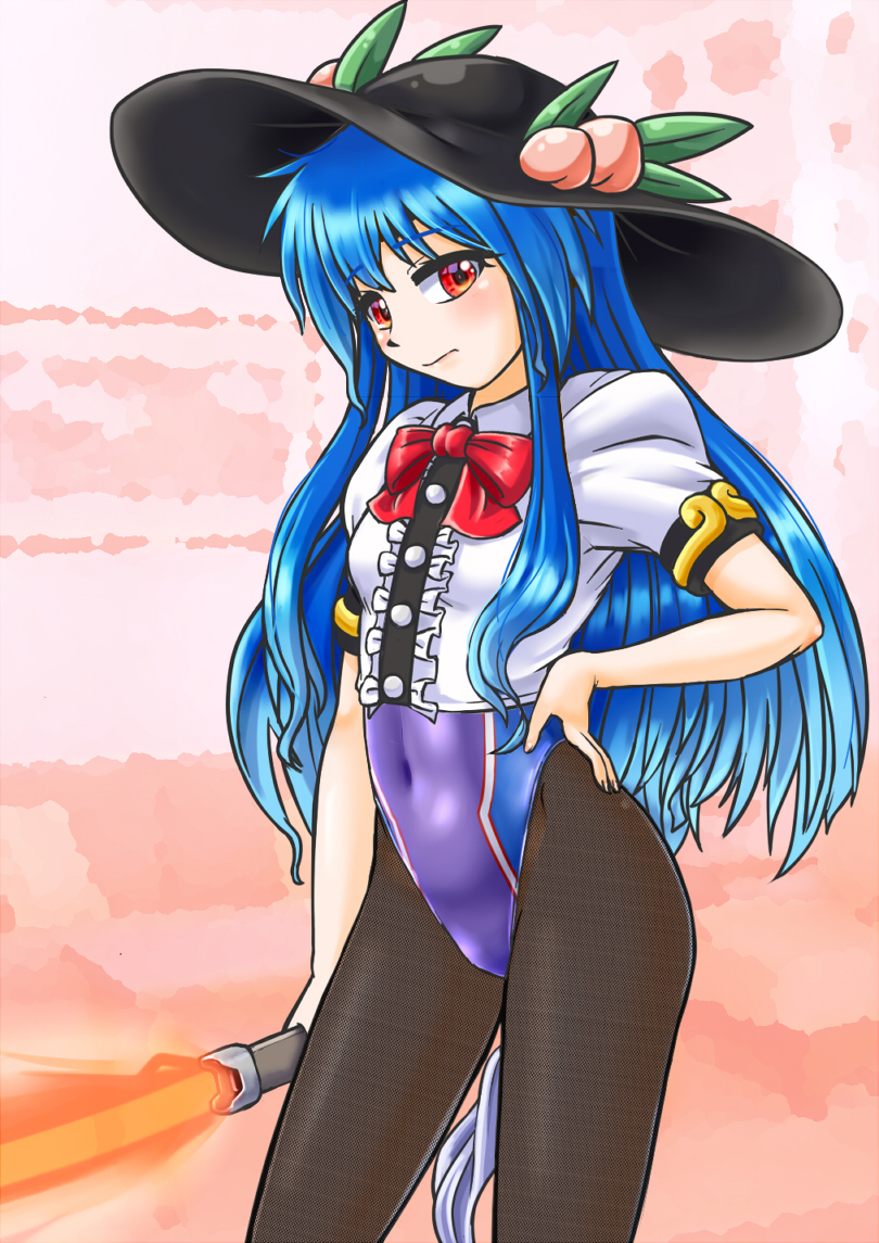 1girl black_headwear black_legwear blue_hair commentary_request competition_swimsuit covered_navel cowboy_shot food fruit hand_on_hip hat highleg highleg_swimsuit hinanawi_tenshi holding holding_weapon keystone long_hair looking_at_viewer mail_(mail_gell) one-piece_swimsuit pantyhose pantyhose_under_swimsuit peach puffy_short_sleeves puffy_sleeves purple_swimsuit rainbow_order red_eyes shirt shoes short_sleeves skirt solo standing swimsuit swimsuit_under_clothes sword sword_of_hisou touhou weapon white_shirt