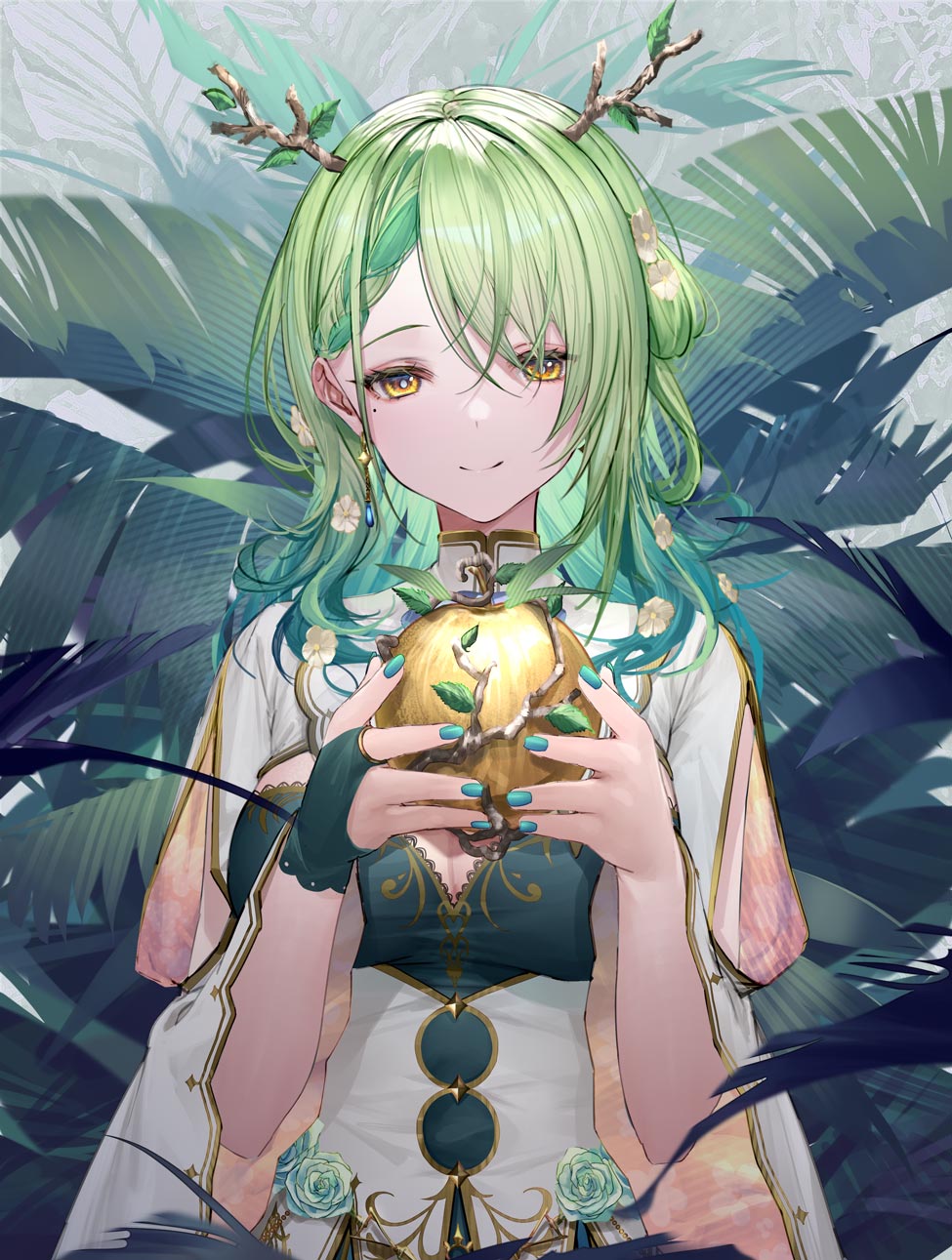 1girl apple asymmetrical_gloves breasts ceres_fauna fingerless_gloves flower food fruit gloves golden_apple green_hair green_nails hair_flower hair_ornament highres hololive hololive_english large_breasts leaf leaf_background long_hair looking_at_viewer mole mole_under_eye smile takubon virtual_youtuber yellow_eyes