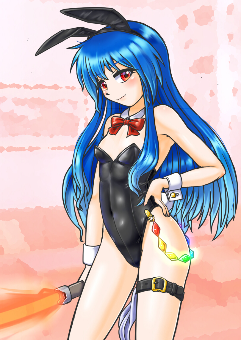 1girl animal_ears bare_legs black_leotard blue_hair bow bowtie breasts chain contrapposto covered_navel cowboy_shot detached_collar hand_on_hip hinanawi_tenshi holding holding_weapon leg_belt leotard long_hair looking_at_viewer mail_(mail_gell) playboy_bunny rabbit_ears rabbit_tail red_eyes red_neckwear small_breasts solo standing sword sword_of_hisou tail touhou weapon wrist_cuffs