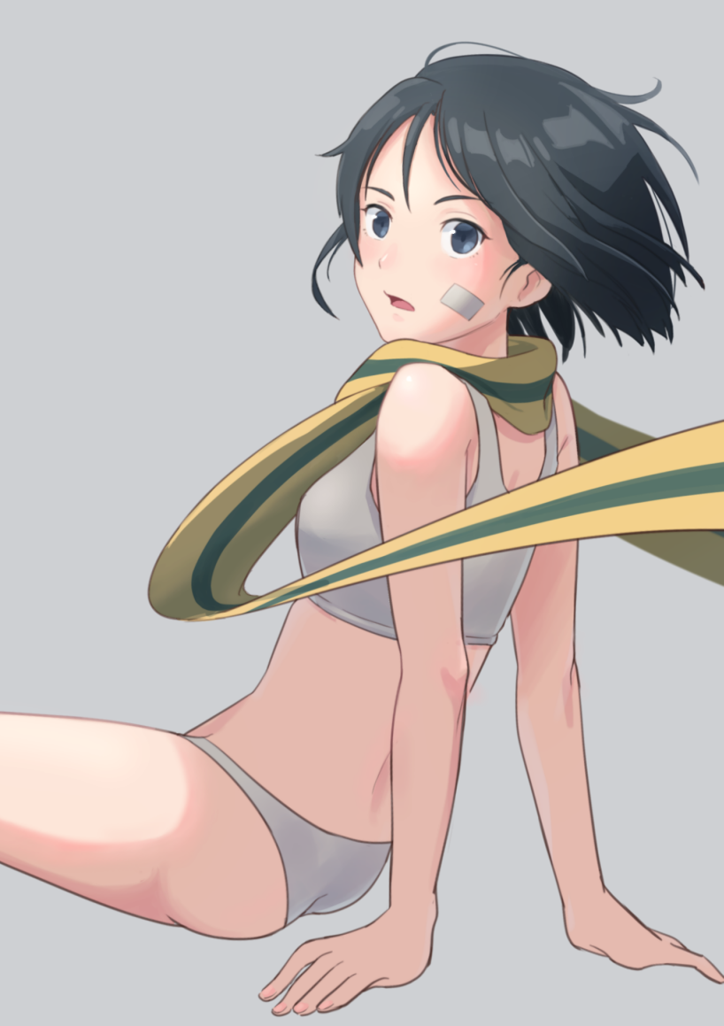 1girl ass bandaid bandaid_on_face black_hair blue_eyes blush brave_witches breasts grey_background kanno_naoe looking_at_viewer looking_back olive_gun_on_a_pigeon open_mouth panties scarf shiny shiny_hair short_hair simple_background sitting small_breasts solo sports_bra underwear white_panties white_sports_bra world_witches_series