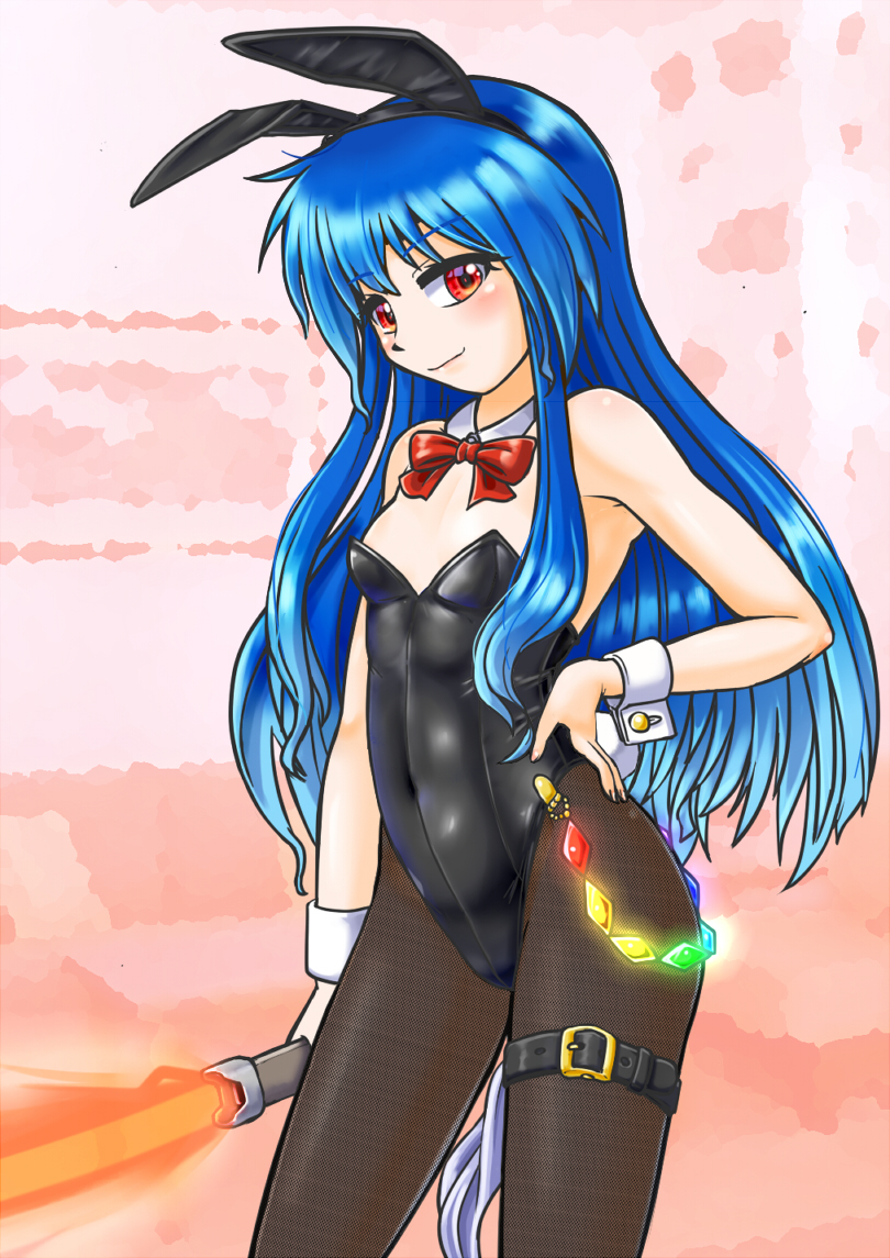 1girl animal_ears black_legwear black_leotard blue_hair bow bowtie breasts chain contrapposto covered_navel cowboy_shot detached_collar hand_on_hip hinanawi_tenshi holding holding_weapon leg_belt leotard long_hair looking_at_viewer mail_(mail_gell) pantyhose playboy_bunny rabbit_ears rabbit_tail red_eyes red_neckwear small_breasts solo standing sword sword_of_hisou tail touhou weapon wrist_cuffs