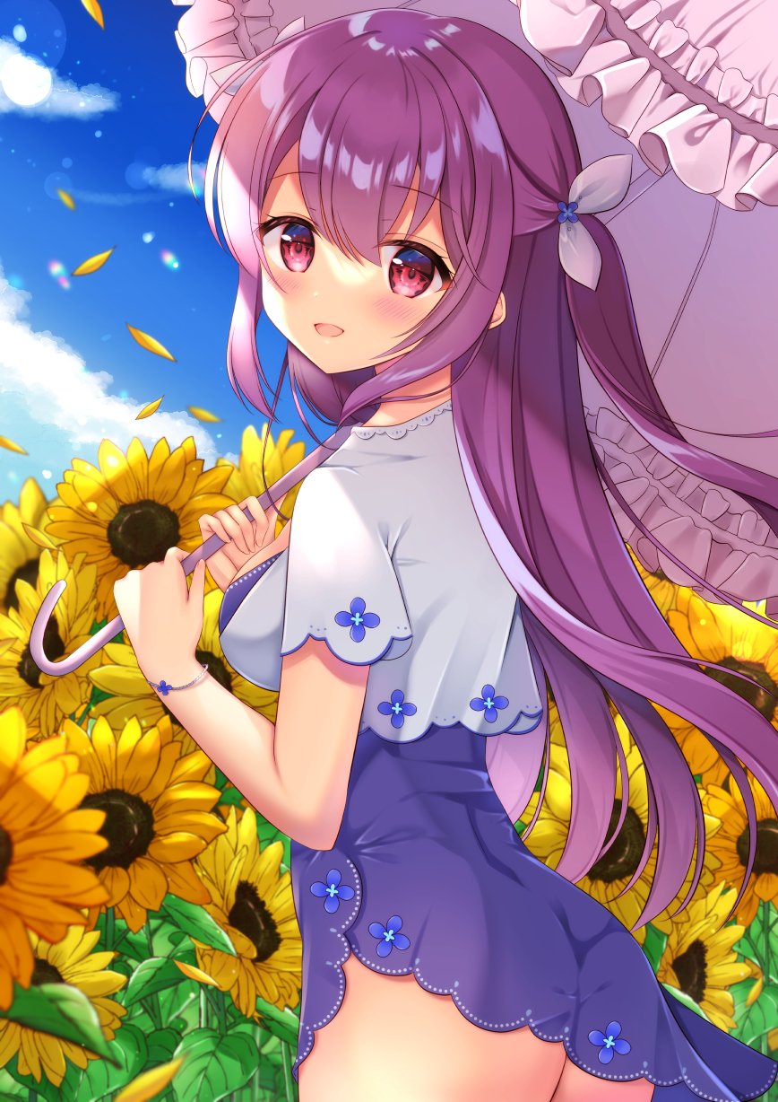 1girl ass bangs blue_dress blue_sky blush bracelet breasts clouds dress flower frilled_umbrella hair_between_eyes hair_ribbon highres jewelry looking_at_viewer looking_to_the_side medium_breasts miwa_uni open_mouth original outdoors petals purple_hair ribbon sky solo sunflower two_side_up umbrella