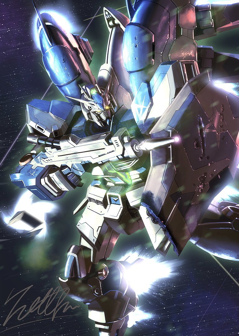 beam_rifle char's_counterattack char's_counterattack_-_beltorchika's_children energy_gun fin_funnels glowing glowing_eyes gun gundam hi-nu_gundam holding holding_gun holding_shield holding_weapon mecha mobile_suit motion_blur science_fiction shield signature solo space totthii0081 v-fin weapon yellow_eyes