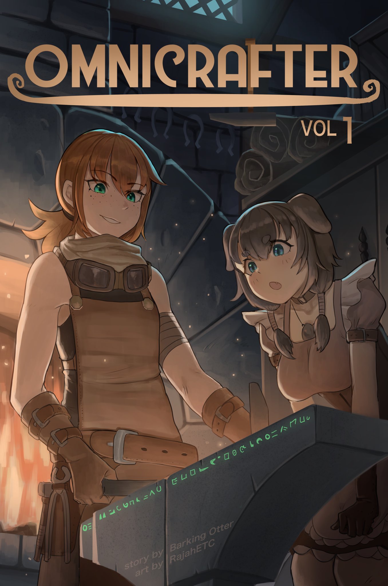 2girls :o animal_ears anvil apron aqua_eyes belt blue_eyes brown_belt brown_gloves brown_hair commission cover cover_page dog_ears dog_girl english_commentary eyebrows_visible_through_hair fang fantasy freckles furnace gloves hair_behind_ear highres holding looking_down low_twintails medium_hair multiple_girls novel_cover official_art omnicrafter parted_lips rajah_(rajah_etc) short_eyebrows smile tied_hair twintails