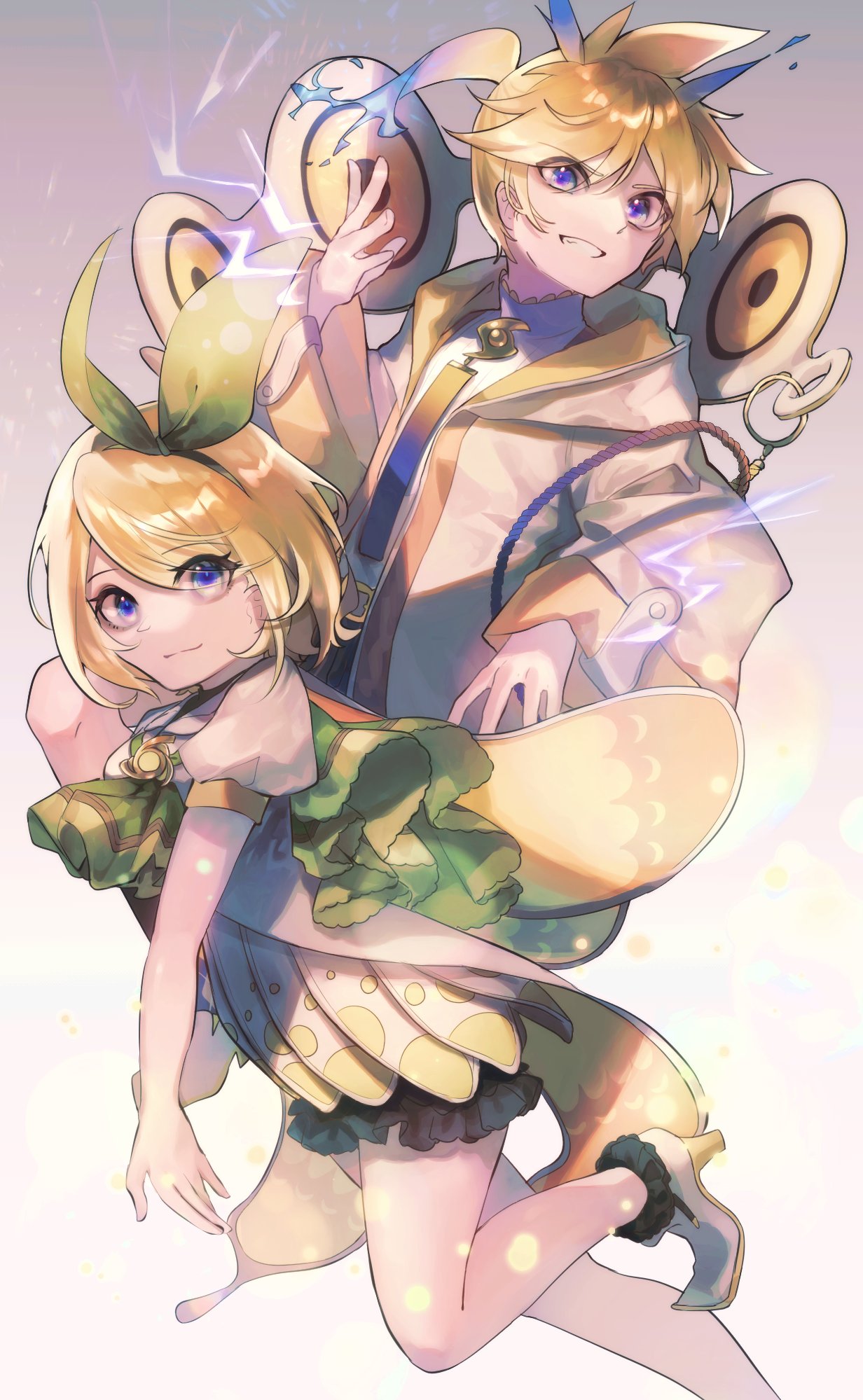 1boy 1girl black_skirt blonde_hair blue_eyes blue_neckwear bow capelet commentary dress electricity green_bow green_capelet grin hair_bow hand_up high_heels highres hood hooded_jacket jacket kagamine_len kagamine_rin leg_up light_smile looking_at_viewer magical_mirai_(vocaloid) medallion miniskirt mipi necktie short_hair short_sleeves skirt smile speaker spiky_hair vocaloid white_dress white_jacket wings