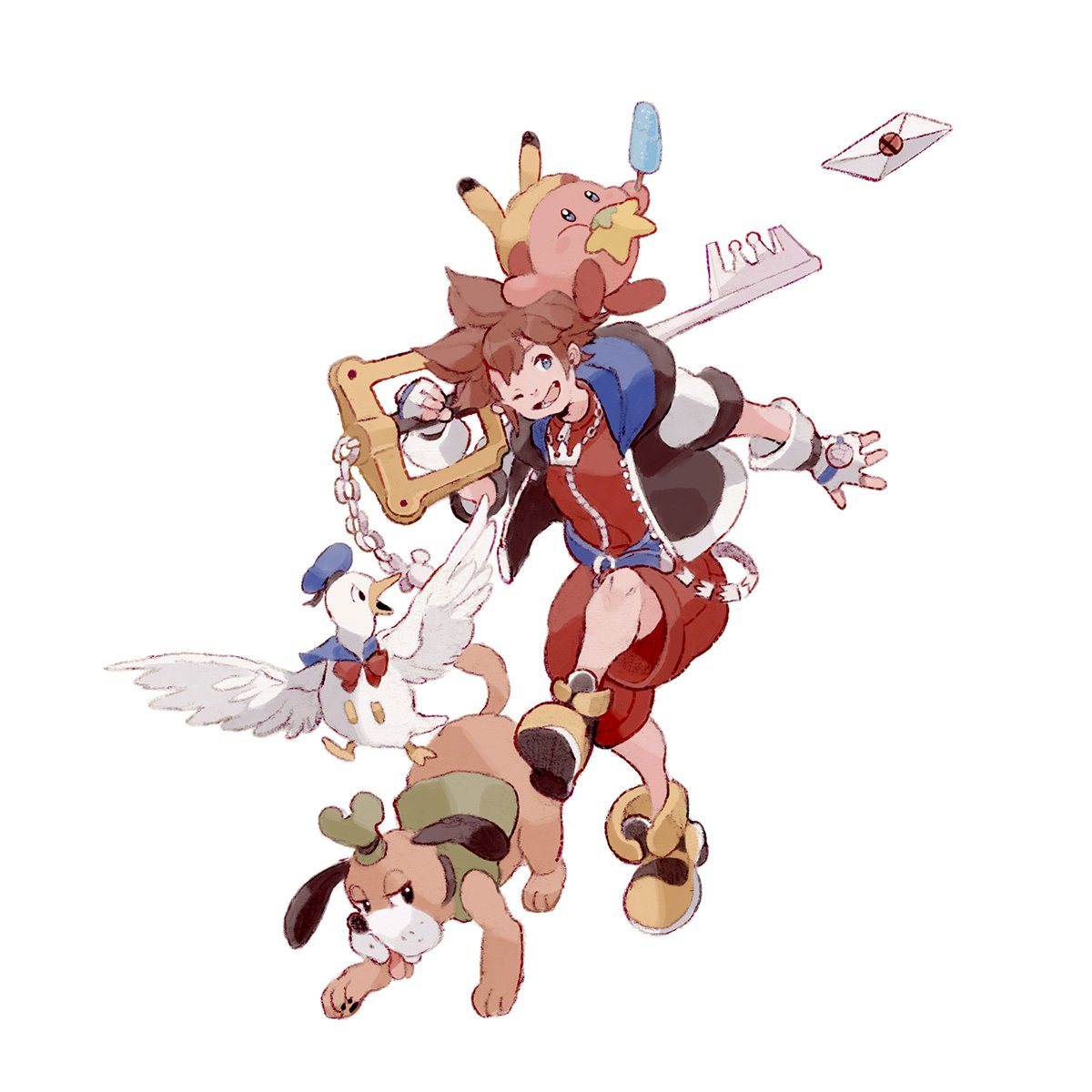 1boy brown_hair cosplay dog_(duck_hunt) donald_duck donald_duck_(cosplay) donald_duck_sailor_hat duck_(duck_hunt) duck_hunt eating food goofy goofy_(cosplay) hat highres hoimiii hood hood_down hoodie keyblade kingdom_hearts kirby kirby_(series) popsicle smash_invitation sora_(kingdom_hearts) spiky_hair super_smash_bros. yellow_footwear zipper