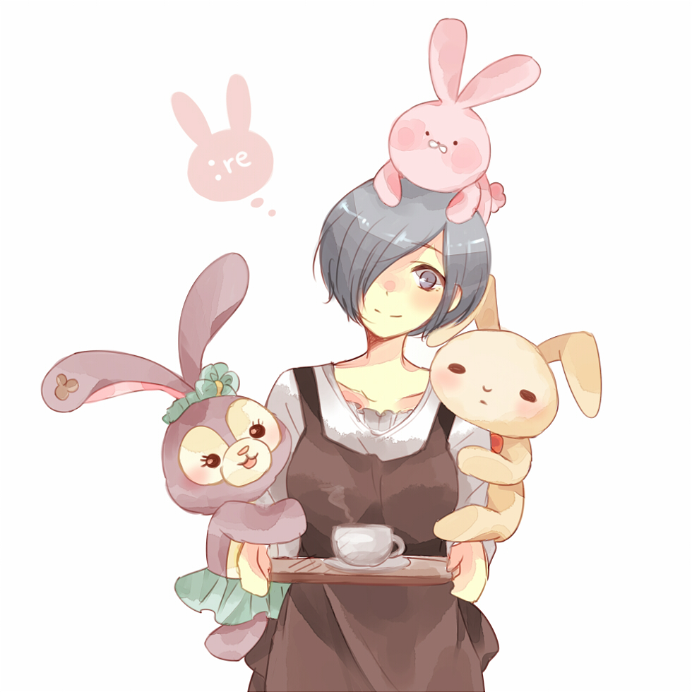 1girl apron bangs black_apron blue_hair breasts coffee_cup collarbone commentary_request cowboy_shot cup disposable_cup green_skirt grey_background hair_over_one_eye holding kirishima_touka looking_at_viewer medium_breasts rabbit short_hair simple_background skirt smile thought_bubble tokyo_ghoul tokyo_ghoul:re toukaairab waitress