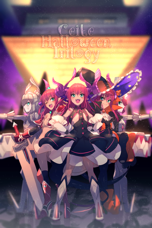 5girls armor asymmetrical_horns bangs bare_shoulders bikini_armor black_dress blue_eyes blush breasts cape curled_horns dragon_girl dragon_horns dragon_tail dress echo_(circa) elizabeth_bathory_(brave)_(fate) elizabeth_bathory_(fate) elizabeth_bathory_(fate)_(all) elizabeth_bathory_(fate/extra_ccc) elizabeth_bathory_(halloween_caster)_(fate) fate/extra fate/grand_order fate_(series) hair_ribbon halloween_costume hat horns long_hair looking_at_viewer mecha_eli-chan_(fate) mecha_eli-chan_mk.ii_(fate) multiple_girls multiple_persona open_mouth pauldrons pink_hair pointy_ears red_armor ribbon robot shoulder_armor small_breasts smile striped sword tail two_side_up vertical-striped_dress vertical_stripes weapon white_cape witch_hat