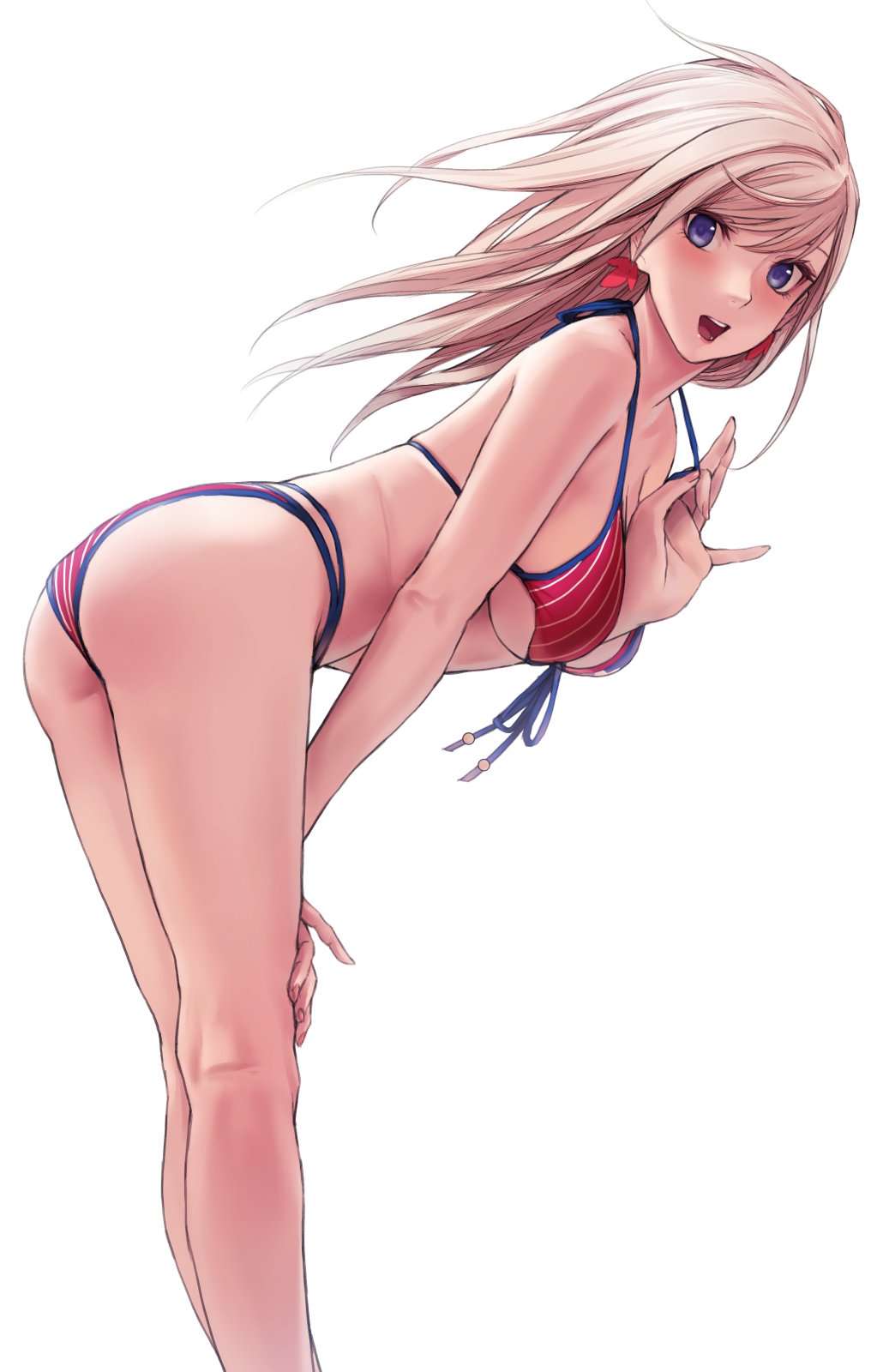1girl american_flag_bikini applekun arm_between_breasts ass bent_over between_breasts bikini bikini_pull blue_eyes breasts clothes_pull earrings fate/grand_order fate_(series) flag_print floating_hair from_side hair_down halterneck hand_on_own_knee highres jewelry large_breasts leaf long_hair looking_at_viewer maple_leaf miyamoto_musashi_(fate) miyamoto_musashi_(swimsuit_berserker)_(fate) open_clothes pink_hair simple_background smile solo standing straight_hair swimsuit teeth upper_teeth white_background