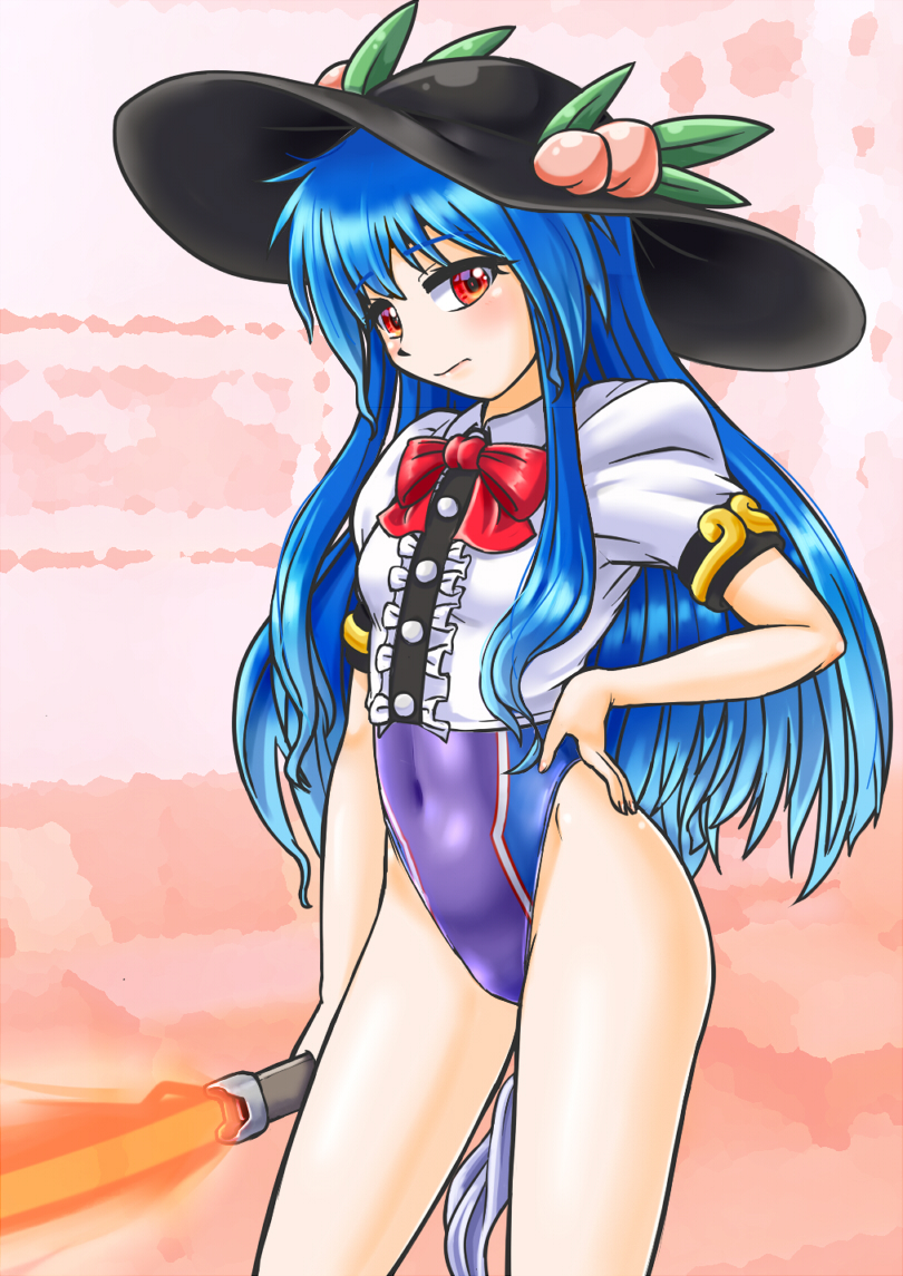 1girl black_headwear blue_hair commentary_request competition_swimsuit covered_navel cowboy_shot food fruit hand_on_hip hat highleg highleg_swimsuit hinanawi_tenshi holding holding_weapon keystone long_hair looking_at_viewer mail_(mail_gell) one-piece_swimsuit peach puffy_short_sleeves puffy_sleeves purple_swimsuit rainbow_order red_eyes shirt shoes short_sleeves skirt solo standing swimsuit swimsuit_under_clothes sword sword_of_hisou touhou weapon white_shirt