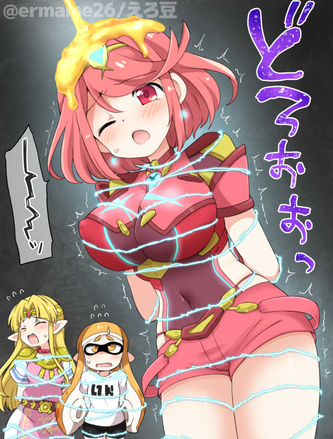 3girls bangs black_gloves breasts chest_jewel commission earrings eromame fingerless_gloves gloves inkling jewelry large_breasts princess_zelda pyra_(xenoblade) red_eyes red_legwear red_shorts redhead short_hair short_shorts shorts skeb_commission splatoon_(series) super_smash_bros. swept_bangs the_legend_of_zelda thigh-highs tiara